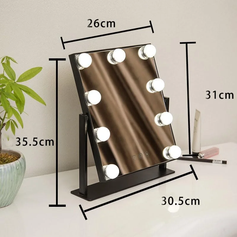 آینه آرایشی با چراغ، آینه گریم با لامپ های LED، نور هالیوودی با قابلیت تنظیم نور در 3 رنگ، 3 حالت رنگ، کنترل لمسی، قاب فلزی (مشکی، 9 لامپ) آینه آرایشی با چراغ، آینه گریم با لامپ های LED، نور هالیوودی با قابلیت تنظیم نور در 3 رنگ، 3 حالت رنگ، کنترل لمسی، قاب فلزی (مشکی، 9 لامپ)