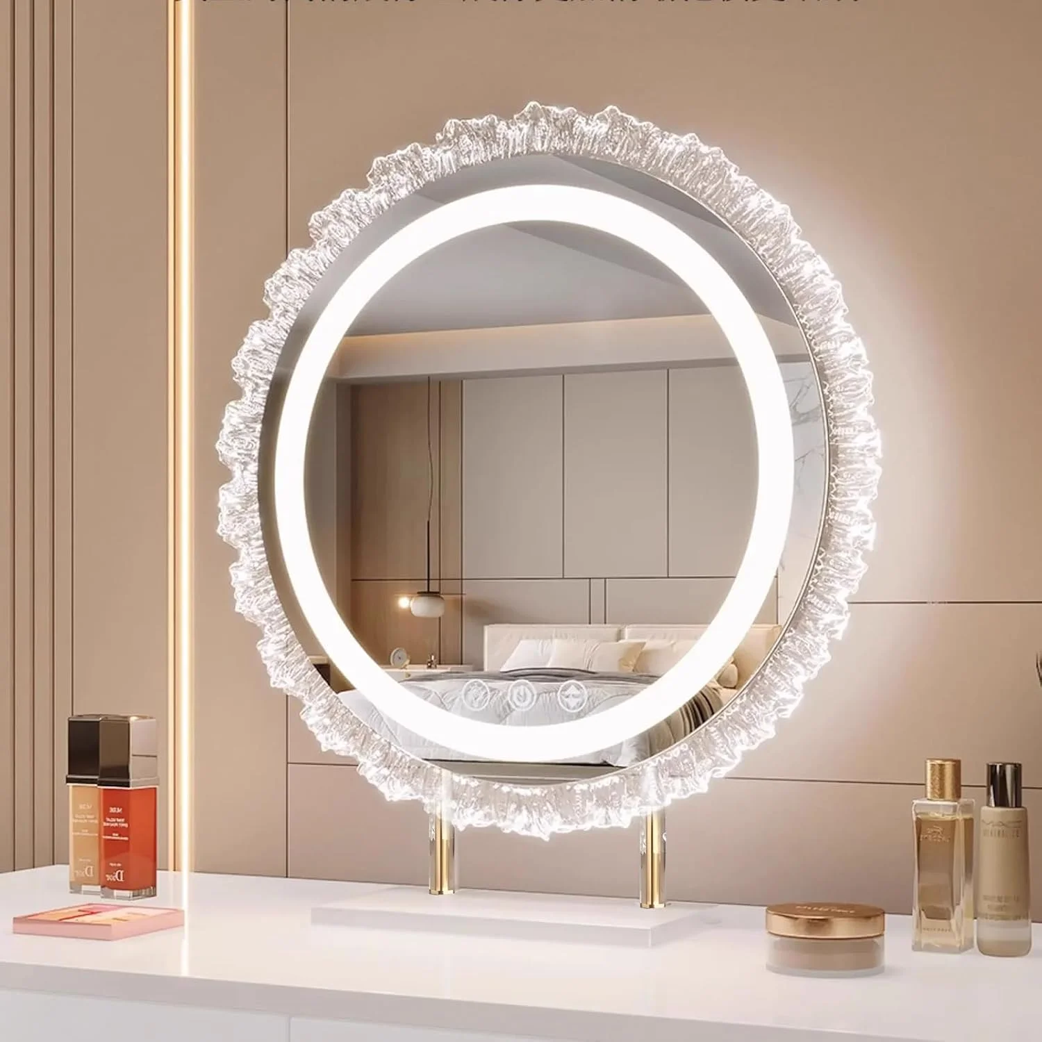 آینه آرایشی FOREENIU با نور، آینه آرایش LED، آینه گرد LED با قاب گل خاص، 53x53 سانتی متر با قابلیت تنظیم 3 رنگ نور برای اتاق خواب، میز آرایش، هدیه تولد برای زنان آینه آرایشی FOREENIU با نور، آینه آرایش LED، آینه گرد LED با قاب گل خاص، 53x53 سانتی متر با قابلیت تنظیم 3 رنگ نور برای اتاق خواب، میز آرایش، هدیه تولد برای زنان