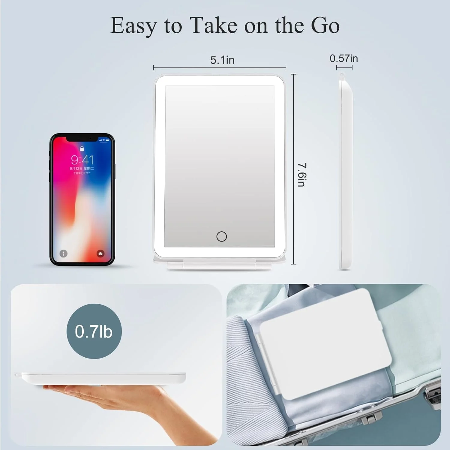 آینه آرایشی مسافرتی قابل شارژ FUNTOUCH با 72 چراغ LED، آینه زیبایی قابل حمل با نور، دارای 3 رنگ نور، صفحه لمسی دیمر دار، آینه آرایشی تاشو LED رومیزی با چراغ