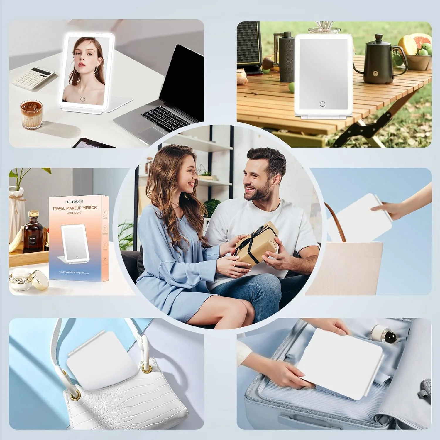 آینه آرایشی مسافرتی قابل شارژ FUNTOUCH با 72 چراغ LED، آینه زیبایی قابل حمل با نور، دارای 3 رنگ نور، صفحه لمسی دیمر دار، آینه آرایشی تاشو LED رومیزی با چراغ