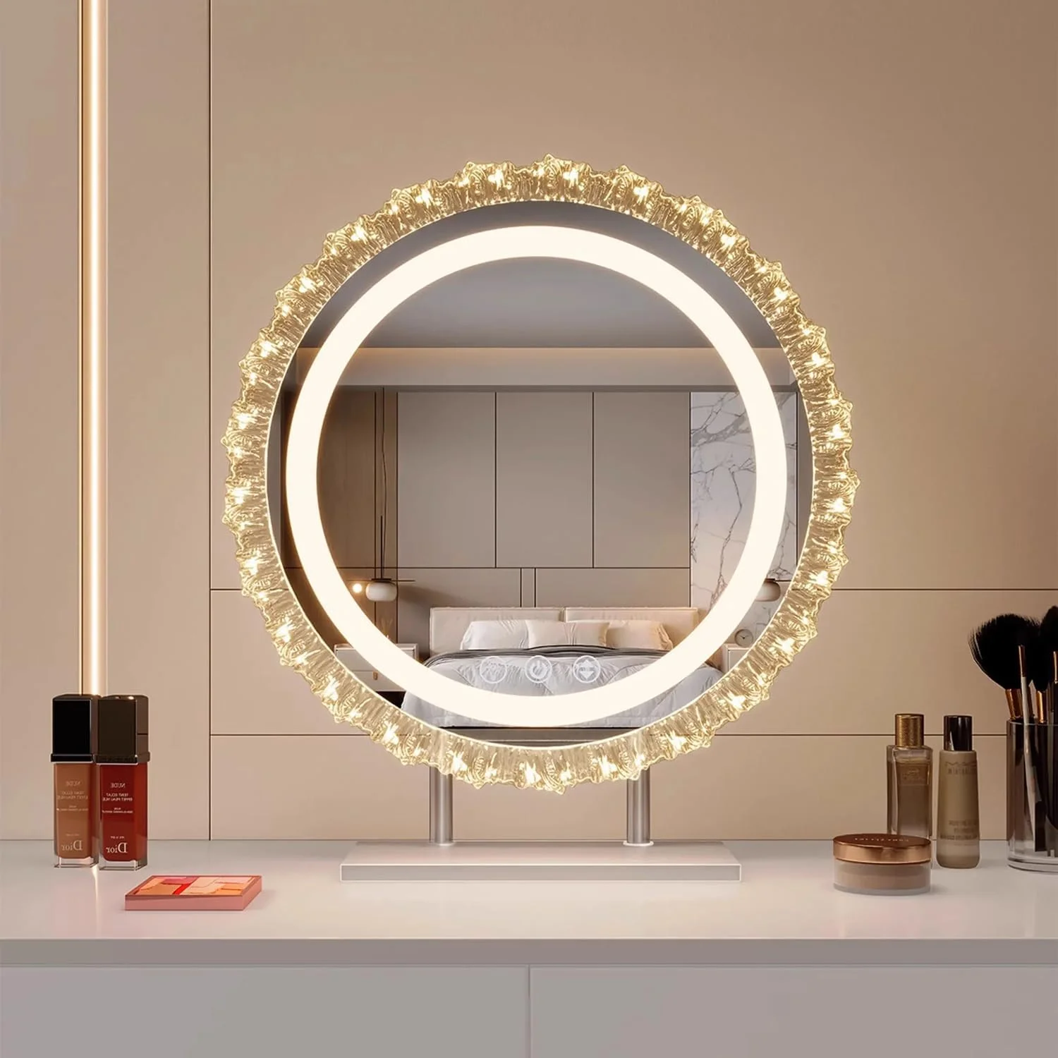 آینه آرایشی FOREENIU با نور، آینه آرایش LED، آینه گرد LED با قاب گل خاص، 53x53 سانتی متر با قابلیت تنظیم 3 رنگ نور برای اتاق خواب، میز آرایش، هدیه تولد برای زنان آینه آرایشی FOREENIU با نور، آینه آرایش LED، آینه گرد LED با قاب گل خاص، 53x53 سانتی متر با قابلیت تنظیم 3 رنگ نور برای اتاق خواب، میز آرایش، هدیه تولد برای زنان