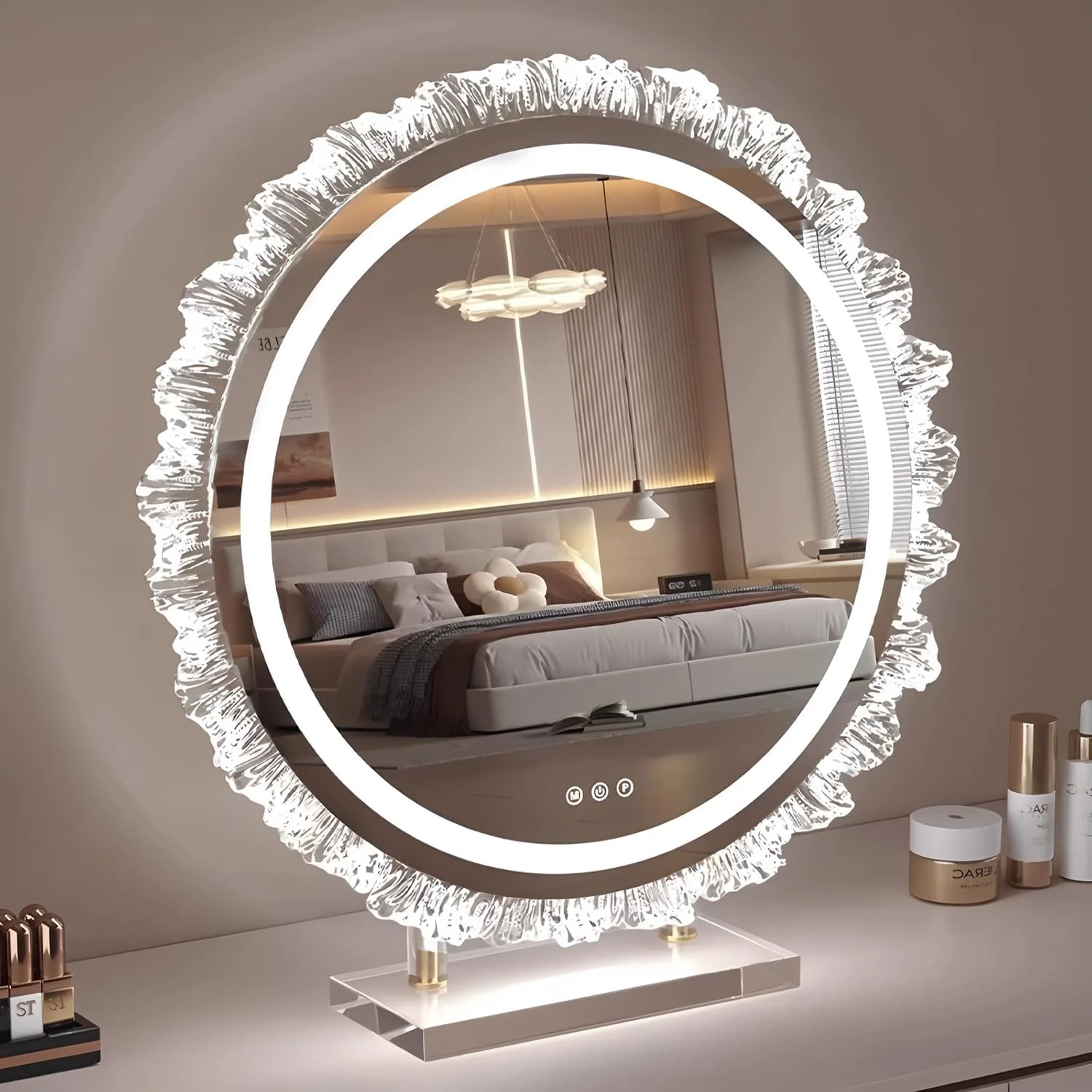 آینه آرایشی FOREENIU با نور، آینه آرایش LED، آینه گرد LED با قاب گل خاص، 53x53 سانتی متر با قابلیت تنظیم 3 رنگ نور برای اتاق خواب، میز آرایش، هدیه تولد برای زنان آینه آرایشی FOREENIU با نور، آینه آرایش LED، آینه گرد LED با قاب گل خاص، 53x53 سانتی متر با قابلیت تنظیم 3 رنگ نور برای اتاق خواب، میز آرایش، هدیه تولد برای زنان