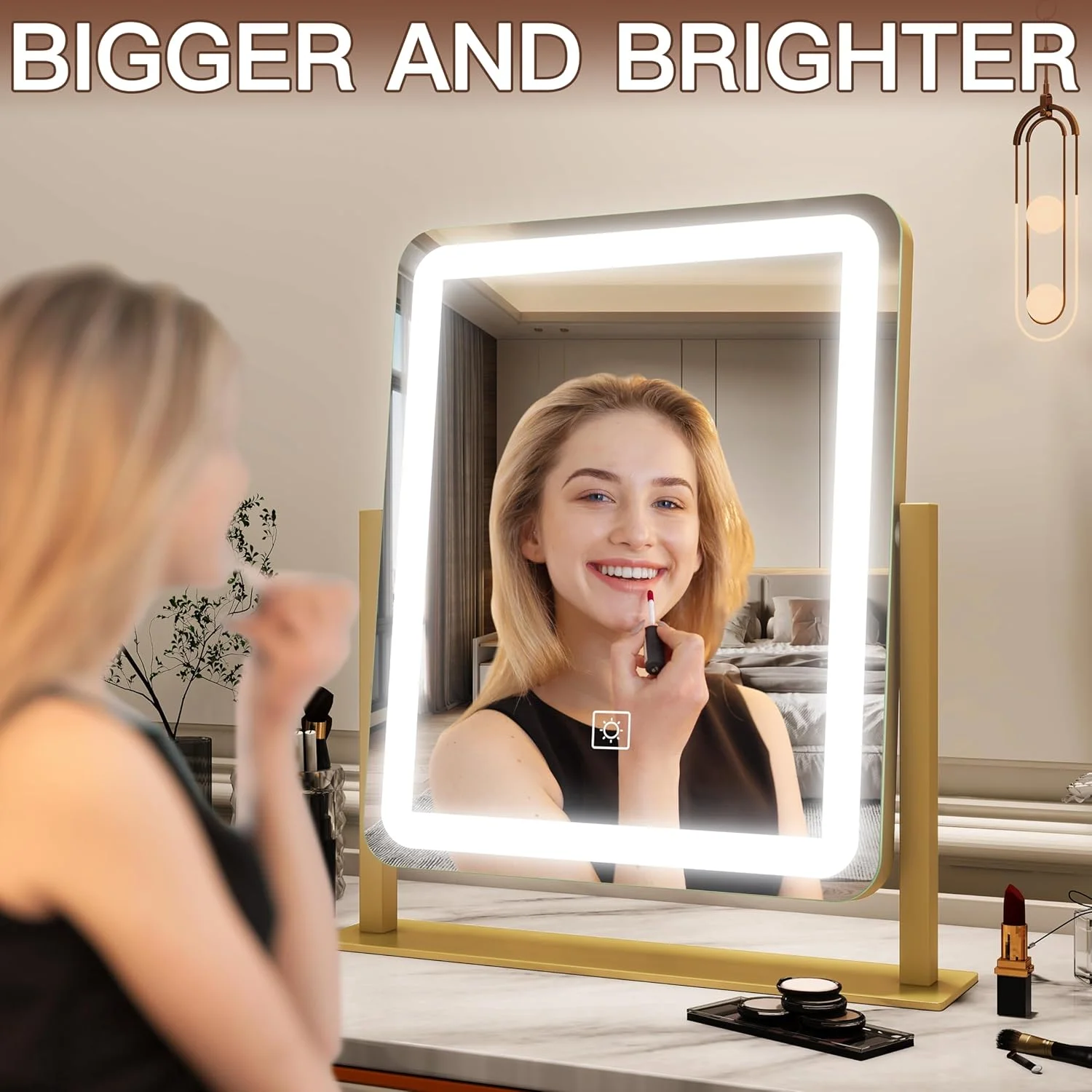 آینه آرایشی چراغ دار FENNIO - آینه آرایشی LED با ابعاد 38x32 سانتی متر، آینه بزرگ آرایشی با چراغ، صفحه لمسی با نورپردازی 3 رنگ، دیمر دار، مناسب برای میز آرایش، رومیزی، اتاق خواب طلایی آینه آرایشی چراغ دار FENNIO - آینه آرایشی LED با ابعاد 38x32 سانتی متر، آینه بزرگ آرایشی با چراغ، صفحه لمسی با نورپردازی 3 رنگ، دیمر دار، مناسب برای میز آرایش، رومیزی، اتاق خواب طلایی