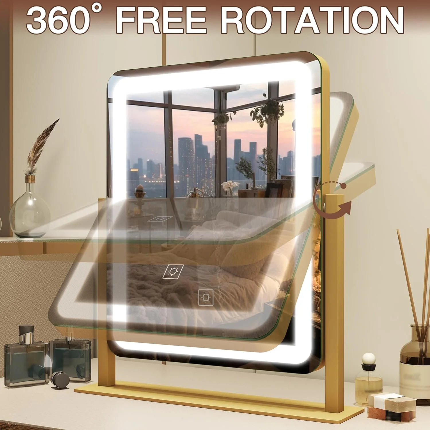آینه آرایشی چراغ دار FENNIO - آینه آرایشی LED با ابعاد 38x32 سانتی متر، آینه بزرگ آرایشی با چراغ، صفحه لمسی با نورپردازی 3 رنگ، دیمر دار، مناسب برای میز آرایش، رومیزی، اتاق خواب طلایی آینه آرایشی چراغ دار FENNIO - آینه آرایشی LED با ابعاد 38x32 سانتی متر، آینه بزرگ آرایشی با چراغ، صفحه لمسی با نورپردازی 3 رنگ، دیمر دار، مناسب برای میز آرایش، رومیزی، اتاق خواب طلایی