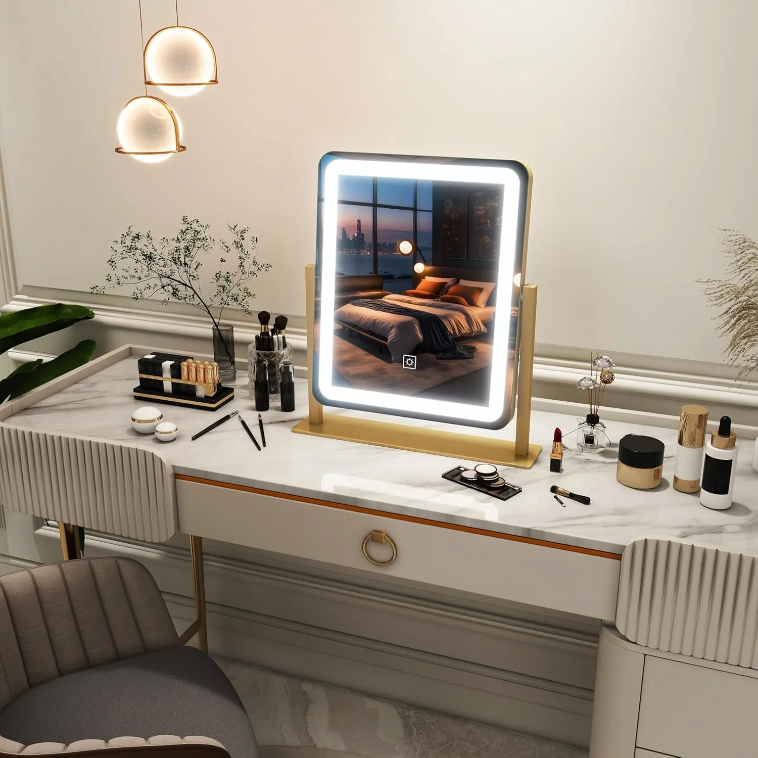 آینه آرایشی چراغ دار FENNIO - آینه آرایشی LED با ابعاد 38x32 سانتی متر، آینه بزرگ آرایشی با چراغ، صفحه لمسی با نورپردازی 3 رنگ، دیمر دار، مناسب برای میز آرایش، رومیزی، اتاق خواب طلایی آینه آرایشی چراغ دار FENNIO - آینه آرایشی LED با ابعاد 38x32 سانتی متر، آینه بزرگ آرایشی با چراغ، صفحه لمسی با نورپردازی 3 رنگ، دیمر دار، مناسب برای میز آرایش، رومیزی، اتاق خواب طلایی