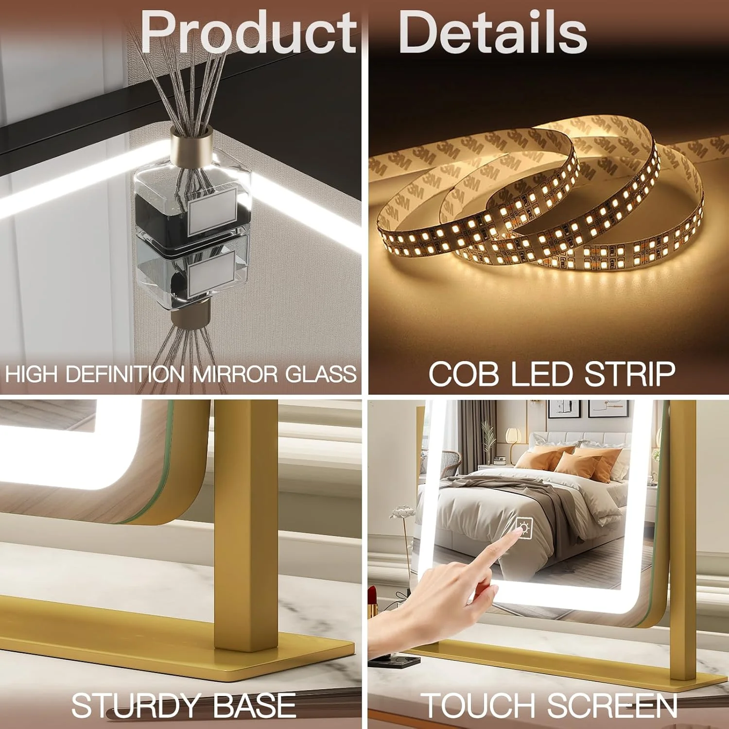 آینه آرایشی چراغ دار FENNIO - آینه آرایشی LED با ابعاد 38x32 سانتی متر، آینه بزرگ آرایشی با چراغ، صفحه لمسی با نورپردازی 3 رنگ، دیمر دار، مناسب برای میز آرایش، رومیزی، اتاق خواب طلایی آینه آرایشی چراغ دار FENNIO - آینه آرایشی LED با ابعاد 38x32 سانتی متر، آینه بزرگ آرایشی با چراغ، صفحه لمسی با نورپردازی 3 رنگ، دیمر دار، مناسب برای میز آرایش، رومیزی، اتاق خواب طلایی