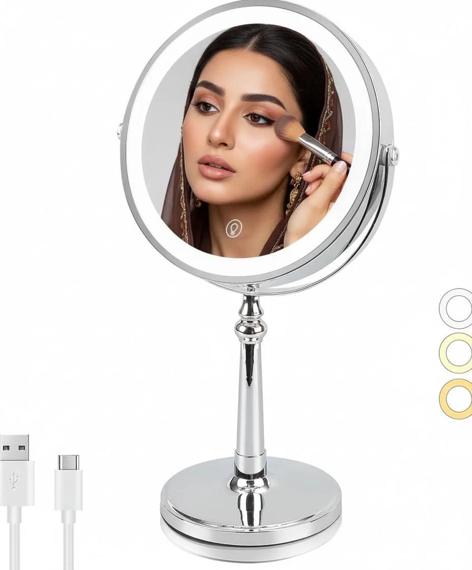 آینه آرایشی رومیزی چراغ دار BEWITU، آینه بزرگنمایی 1x/10x شارژی 9 اینچی با چراغ و چرخش 360 درجه گرد، آینه آرایشی روشن با کنترل لمسی و نور 3 رنگ قابل تنظیم (نقره ای)
