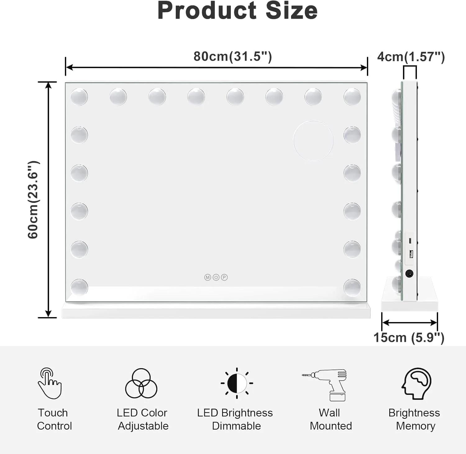 آینه آرایشی هالیوودی BLC با ابعاد 80x60 سانتی متر، آینه گریم با 22 لامپ LED قابل تنظیم نور، 3 رنگ نور با آینه بزرگنمایی 10 برابر، پورت شارژ USB، قابل استفاده روی میز و نصب روی دیوار (سفید) - تصویر 2 آینه آرایشی هالیوودی BLC با ابعاد 80x60 سانتی متر، آینه گریم با 22 لامپ LED قابل تنظیم نور، 3 رنگ نور با آینه بزرگنمایی 10 برابر، پورت شارژ USB، قابل استفاده روی میز و نصب روی دیوار (سفید) - تصویر 2