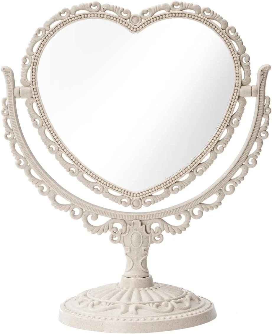 آینه قلبی وینتیج 7 اینچی، آینه آرایشی رومیزی شیک با چرخش 360 درجه دو طرفه برای دکور اتاق کوکت (بژ)
