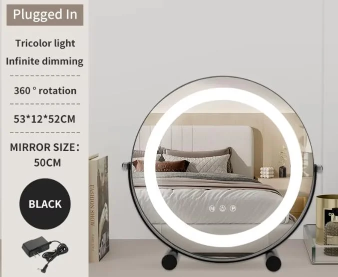 آینه آرایشی گرد با چراغ Beauty Lovers، آینه LED با نور قابل تنظیم در 3 رنگ، کنترل حسگر لمسی با کیفیت بالا، چرخش 360 درجه (مشکی، 50 سانتی متر)