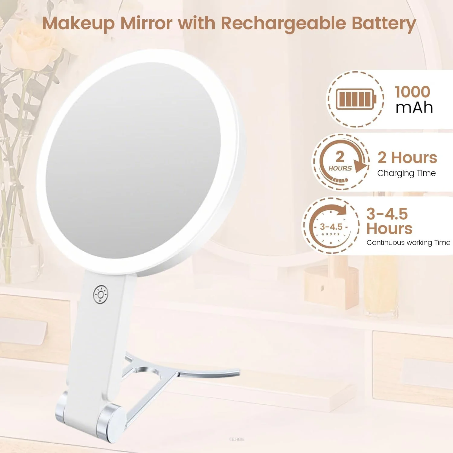 آینه آرایشی چراغ دار AccLoo، آینه دو طرفه شارژی با بزرگنمایی 1X/10X، نورپردازی 3 رنگ، کنترل لمسی و روشنایی قابل تنظیم، هدیه برای خانم ها آینه آرایشی چراغ دار AccLoo، آینه دو طرفه شارژی با بزرگنمایی 1X/10X، نورپردازی 3 رنگ، کنترل لمسی و روشنایی قابل تنظیم، هدیه برای خانم ها