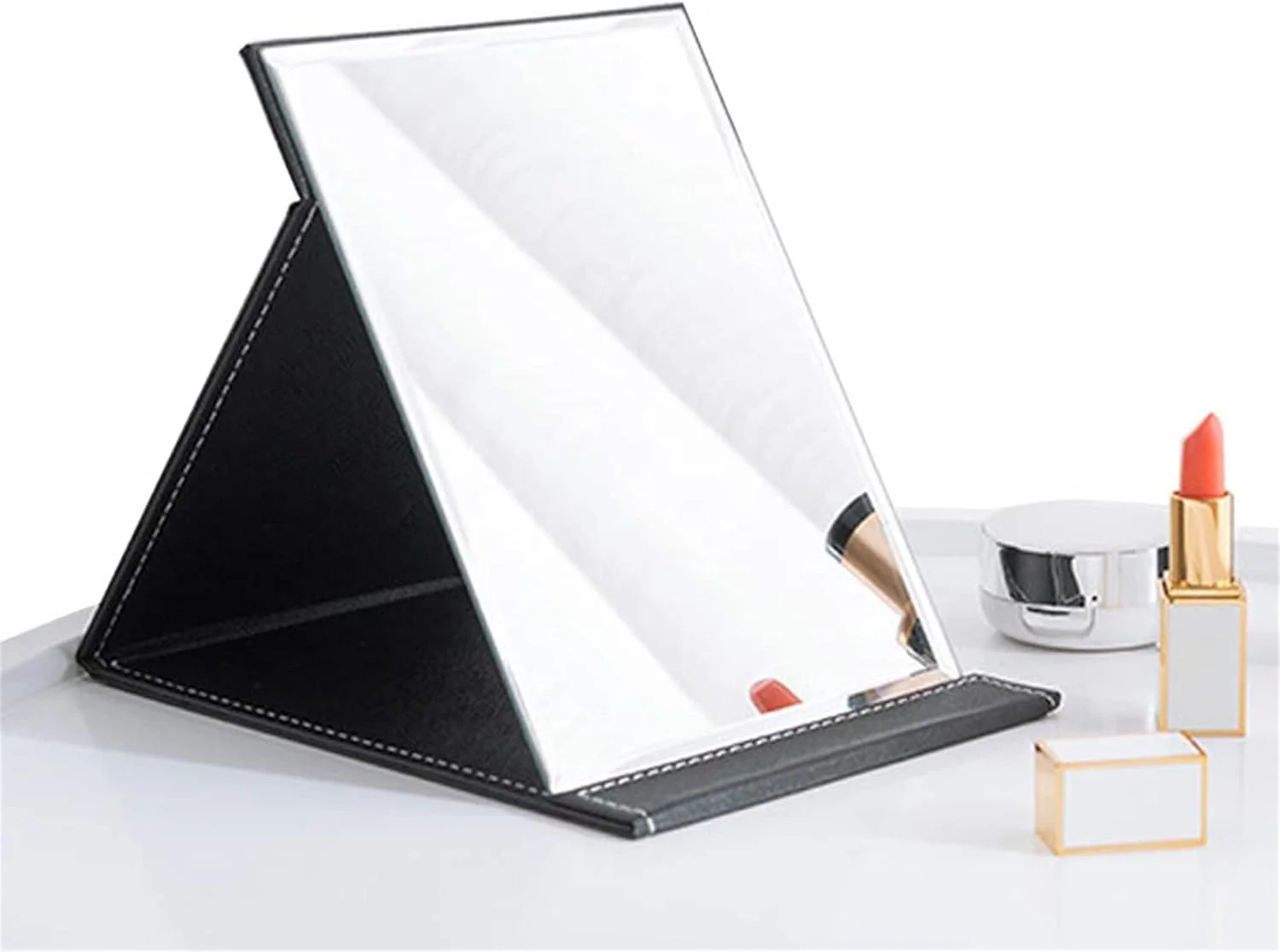 آینه آرایشی تاشو Arabest، آینه چرمی PU قابل حمل، آینه رومیزی شخصی مسافرتی، آینه مستطیلی فوق العاده نازک قابل تنظیم برای میز آرایش مسافرتی اتاق کمپینگ (کوچک (16 طول x 12 عرض))