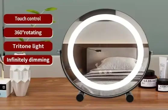 آینه آرایشی گرد با چراغ Beauty Lovers، آینه LED با نور قابل تنظیم در 3 رنگ، کنترل حسگر لمسی با کیفیت بالا، چرخش 360 درجه (مشکی، 50 سانتی متر)
