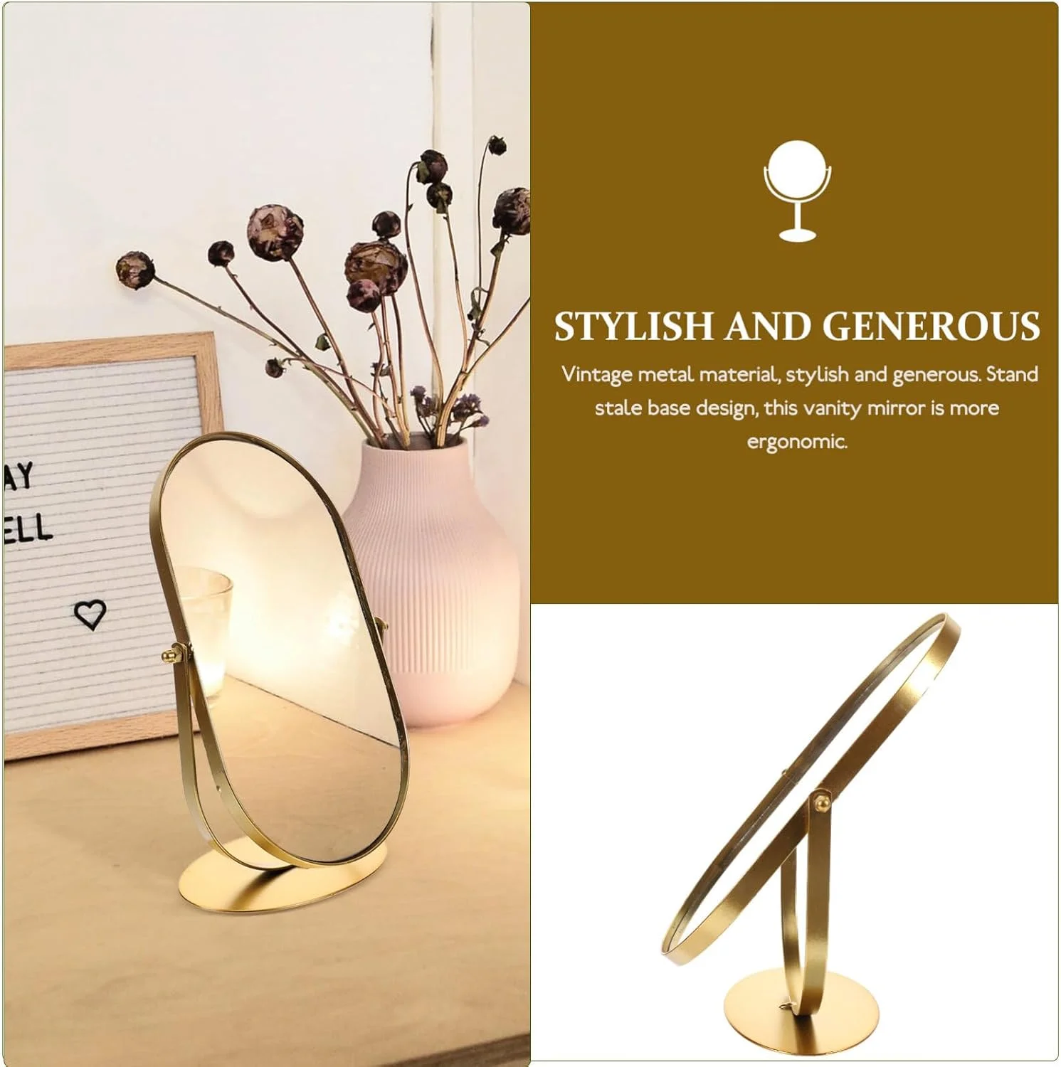 آینه آرایشی رومیزی طلایی Artibetter، آینه آرایشی فلزی قدیمی بیضی شکل برای میز آرایش