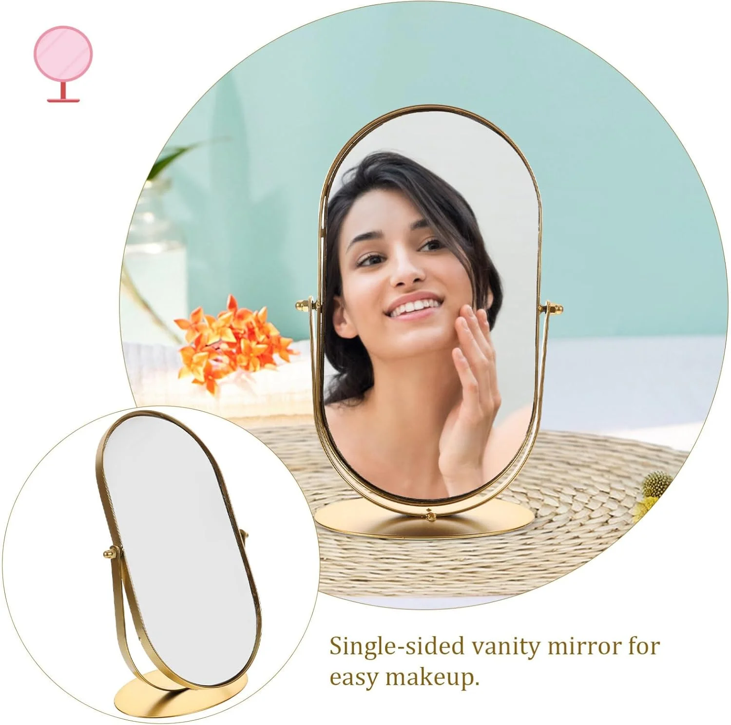 آینه آرایشی رومیزی طلایی Artibetter، آینه آرایشی فلزی قدیمی بیضی شکل برای میز آرایش