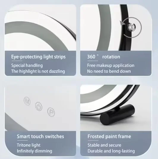 آینه آرایشی گرد با چراغ Beauty Lovers، آینه LED با نور قابل تنظیم در 3 رنگ، کنترل حسگر لمسی با کیفیت بالا، چرخش 360 درجه (مشکی، 50 سانتی متر)