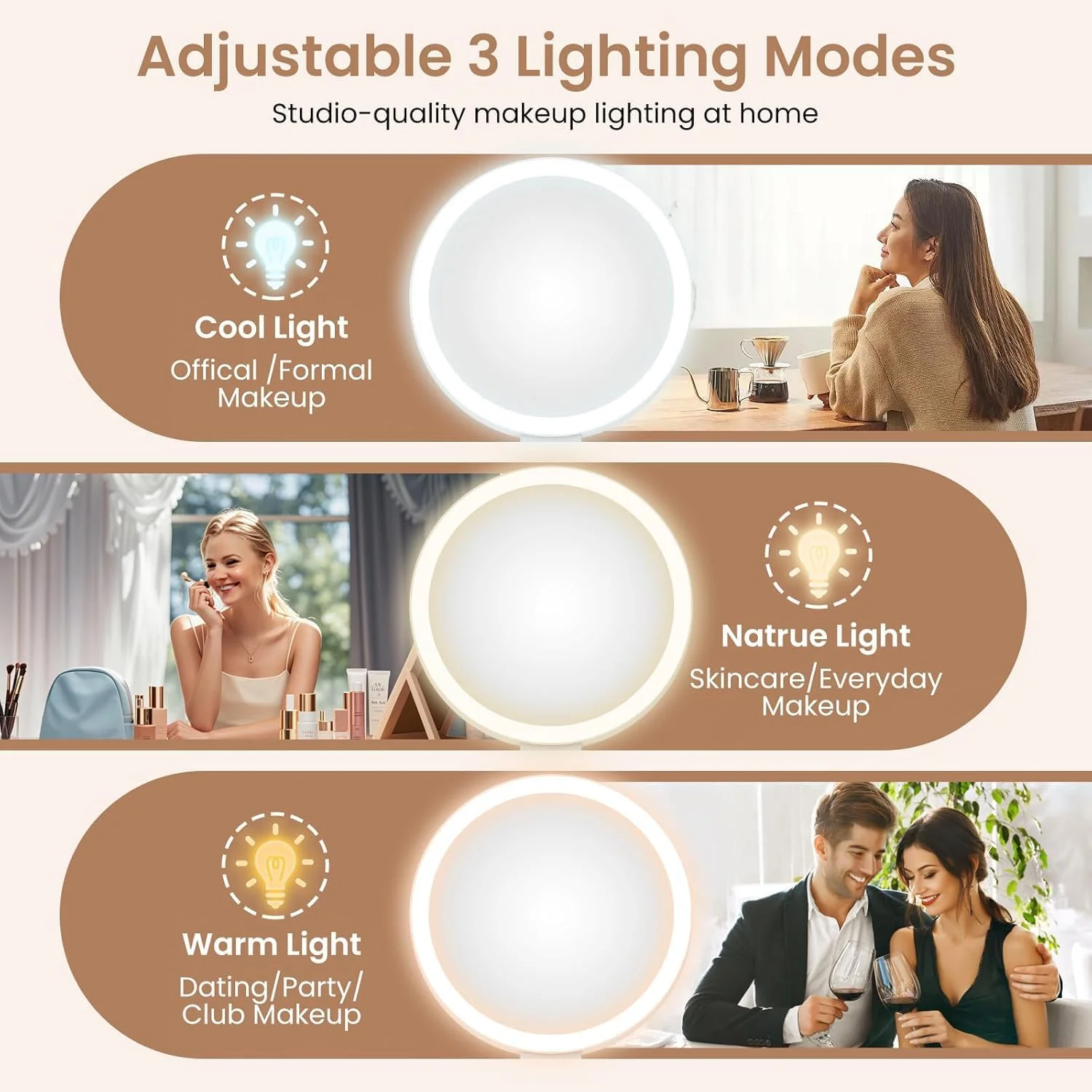 آینه آرایشی چراغ دار AccLoo، آینه دو طرفه شارژی با بزرگنمایی 1X/10X، نورپردازی 3 رنگ، کنترل لمسی و روشنایی قابل تنظیم، هدیه برای خانم ها آینه آرایشی چراغ دار AccLoo، آینه دو طرفه شارژی با بزرگنمایی 1X/10X، نورپردازی 3 رنگ، کنترل لمسی و روشنایی قابل تنظیم، هدیه برای خانم ها