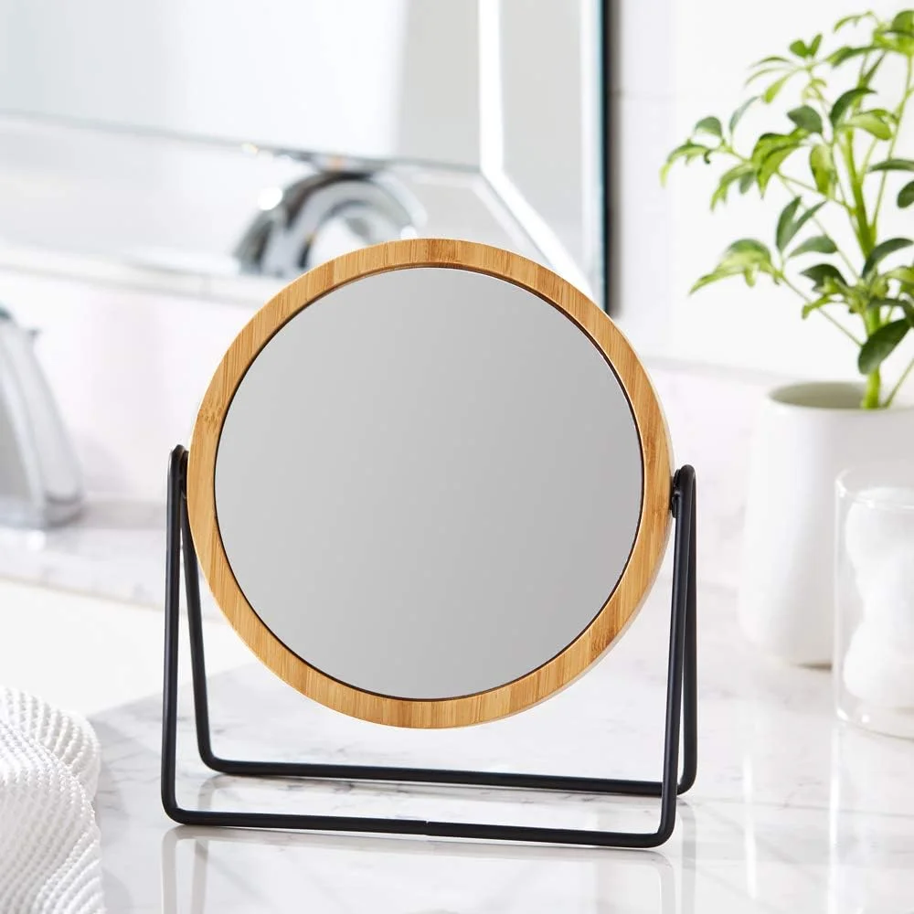 Amazon Basics Round Tabletop Mount Dressing Table Mirror with Silver and Bamboo Rim-1X/5X Magnification, 18.3 x 7.3 x 20.7 cm Amazon Basics Round Tabletop Mount Dressing Table Mirror with Silver and Bamboo Rim-1X/5X Magnification, 18.3 x 7.3 x 20.7 cm