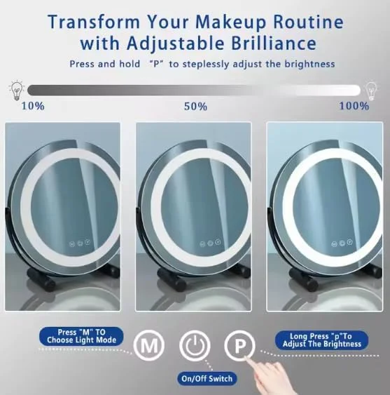 آینه آرایشی گرد با چراغ Beauty Lovers، آینه LED با نور قابل تنظیم در 3 رنگ، کنترل حسگر لمسی با کیفیت بالا، چرخش 360 درجه (مشکی، 50 سانتی متر)