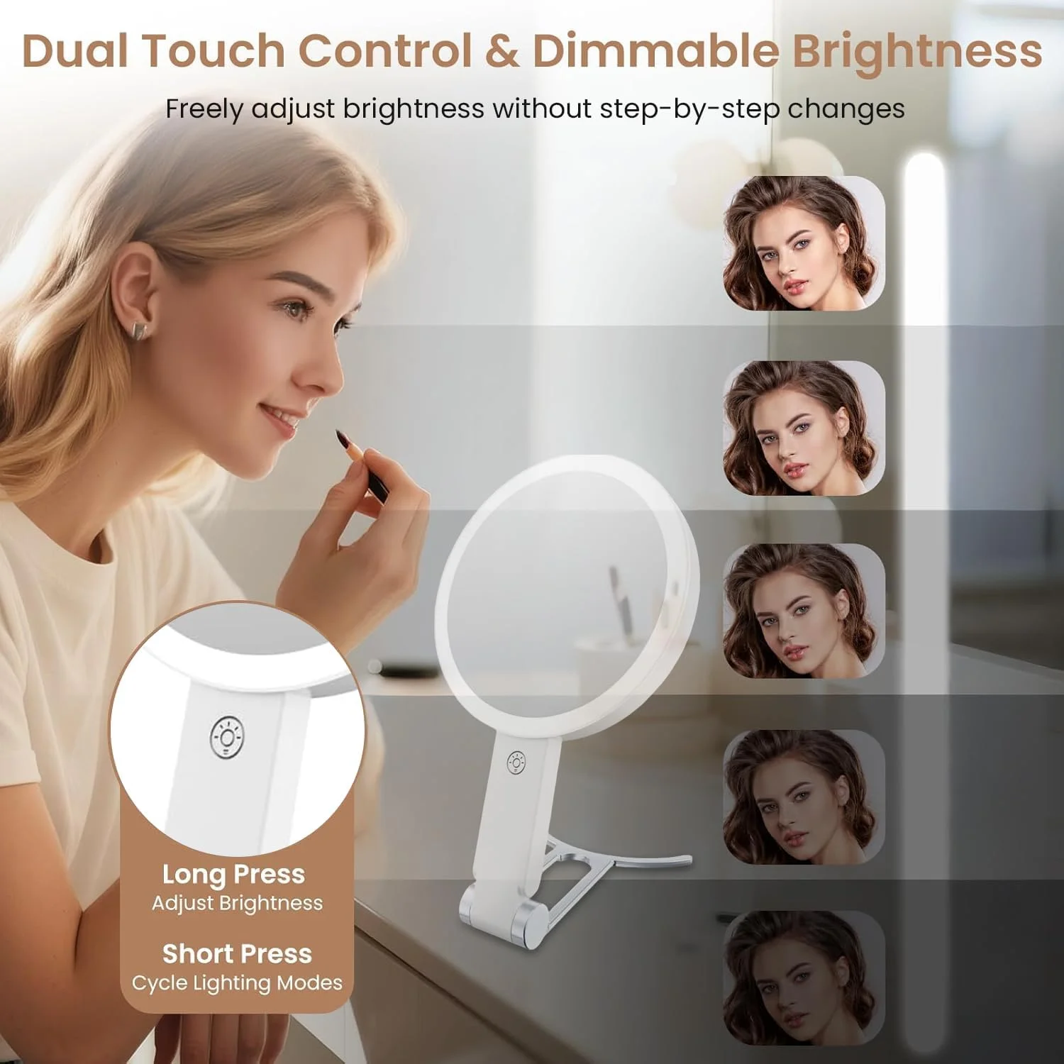 آینه آرایشی چراغ دار AccLoo، آینه دو طرفه شارژی با بزرگنمایی 1X/10X، نورپردازی 3 رنگ، کنترل لمسی و روشنایی قابل تنظیم، هدیه برای خانم ها آینه آرایشی چراغ دار AccLoo، آینه دو طرفه شارژی با بزرگنمایی 1X/10X، نورپردازی 3 رنگ، کنترل لمسی و روشنایی قابل تنظیم، هدیه برای خانم ها