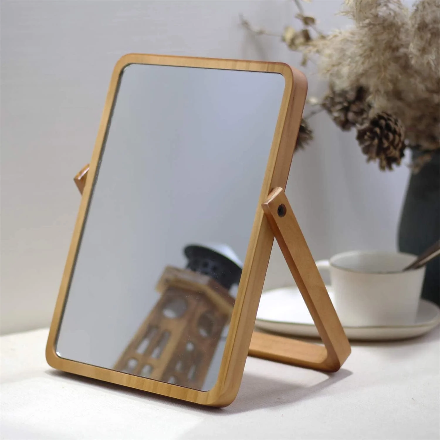 آینه آرایشی رومیزی چوبی Arabest، آینه چرخان 360 درجه تک طرفه، آینه رومیزی قابل حمل، آینه های با کیفیت بالا برای اتاق خواب، اتاق نشیمن و میز آرایش