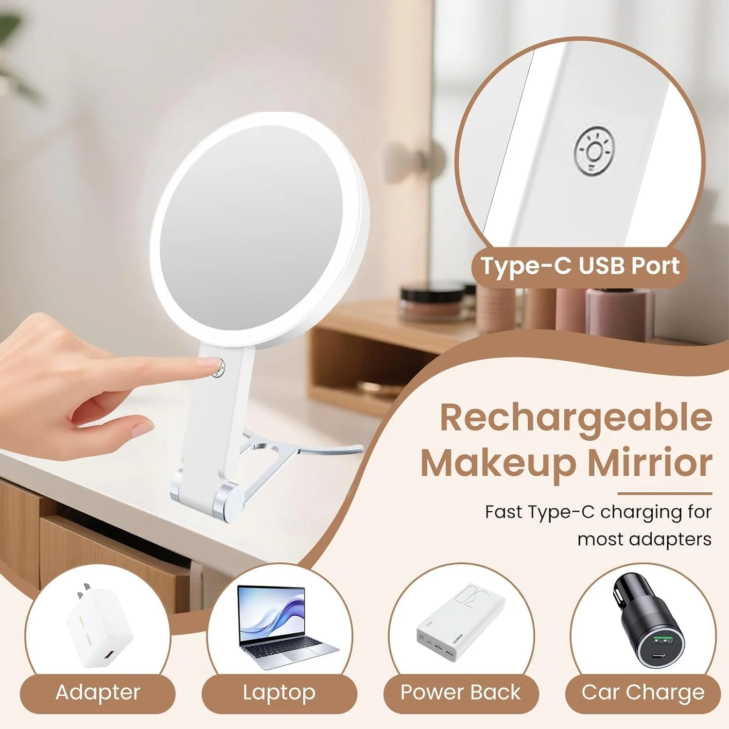 آینه آرایشی چراغ دار AccLoo، آینه دو طرفه شارژی با بزرگنمایی 1X/10X، نورپردازی 3 رنگ، کنترل لمسی و روشنایی قابل تنظیم، هدیه برای خانم ها آینه آرایشی چراغ دار AccLoo، آینه دو طرفه شارژی با بزرگنمایی 1X/10X، نورپردازی 3 رنگ، کنترل لمسی و روشنایی قابل تنظیم، هدیه برای خانم ها