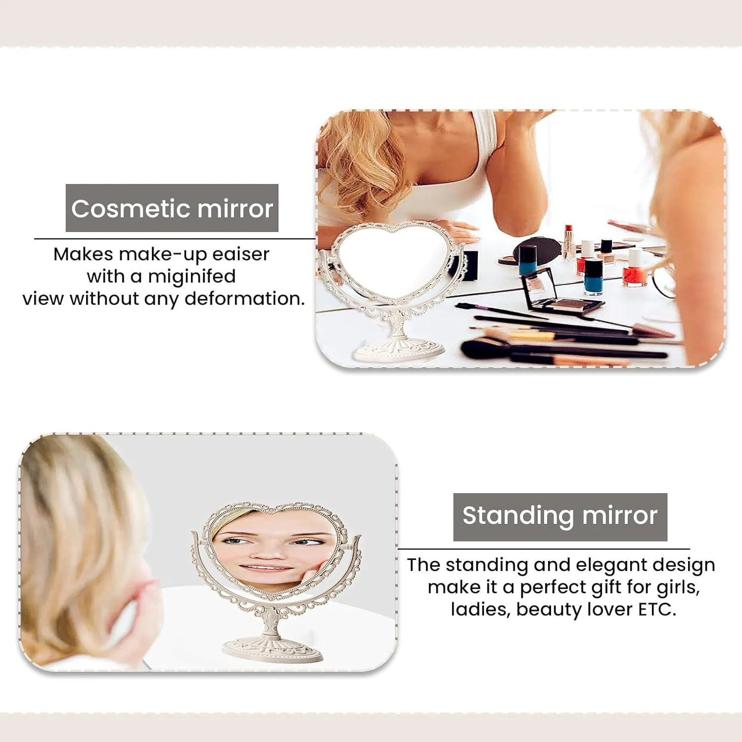 آینه قلبی وینتیج 7 اینچی، آینه آرایشی رومیزی شیک با چرخش 360 درجه دو طرفه برای دکور اتاق کوکت (بژ) آینه قلبی وینتیج 7 اینچی، آینه آرایشی رومیزی شیک با چرخش 360 درجه دو طرفه برای دکور اتاق کوکت (بژ)