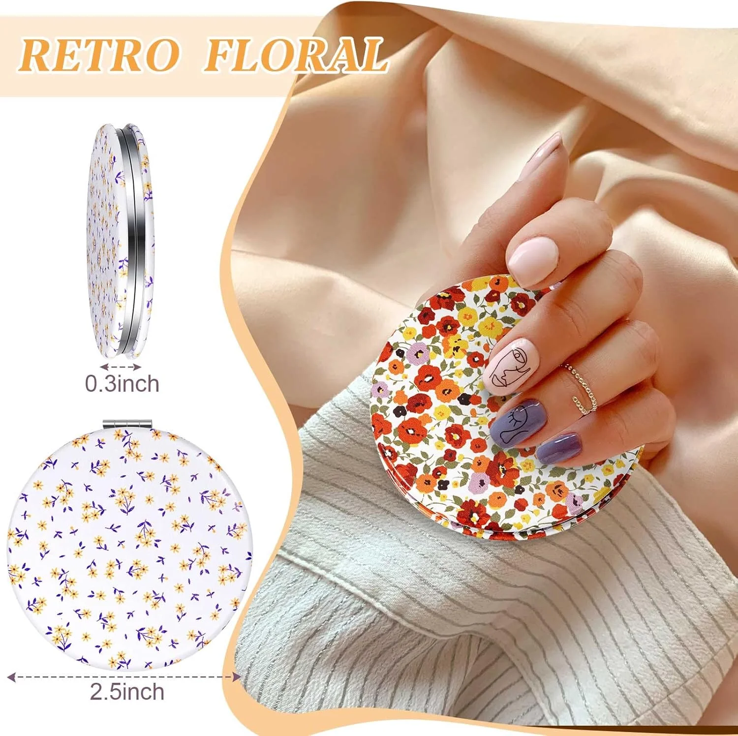 آینه جیبی زنانه Vicenpal، 6 عدد، آینه کوچک و جمع و جور برای کیف دستی، آینه آرایشی مسافرتی ذره‌بینی، آینه تاشو قابل حمل، هدیه آینه کوچک برای دانش‌آموزان، معلمان و دوستان (گل بابونه)