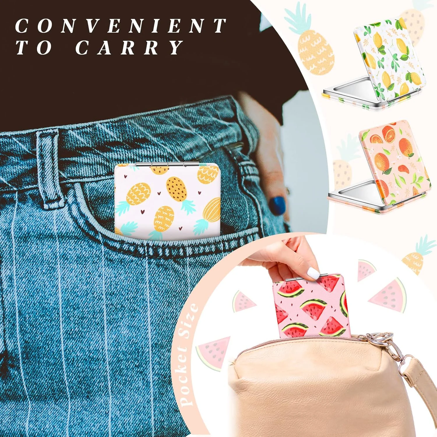 آینه جیبی کوچک Vicenpal با طرح میوه، آینه آرایشی تاشو دو طرفه با قابلیت بزرگنمایی و چرم PU، مناسب برای هدیه به زنان، دختران، مادران و کودکان (طرح میوه)