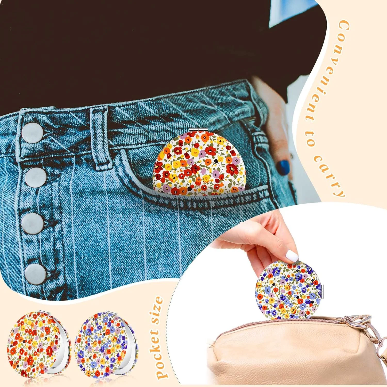 آینه جیبی زنانه Vicenpal، 6 عدد، آینه کوچک و جمع و جور برای کیف دستی، آینه آرایشی مسافرتی ذره‌بینی، آینه تاشو قابل حمل، هدیه آینه کوچک برای دانش‌آموزان، معلمان و دوستان (گل بابونه)