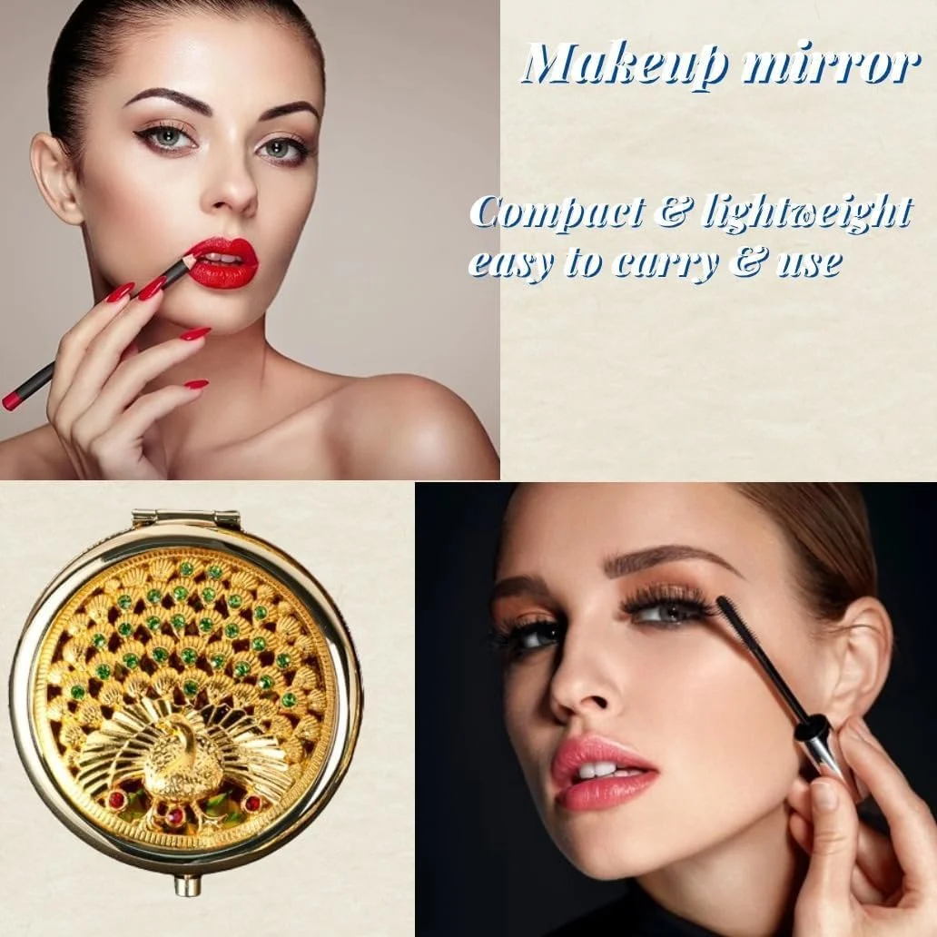 آینه های آرایشی تاشو فلزی گرد حکاکی شده قدیمی - بسته 3 عددی آینه های آرایشی قابل حمل با سنگ های تزئینی: هدایای مسافرتی شیک برای زنان و دختران، آینه های کوچک دستی برای کیف (بسته B)