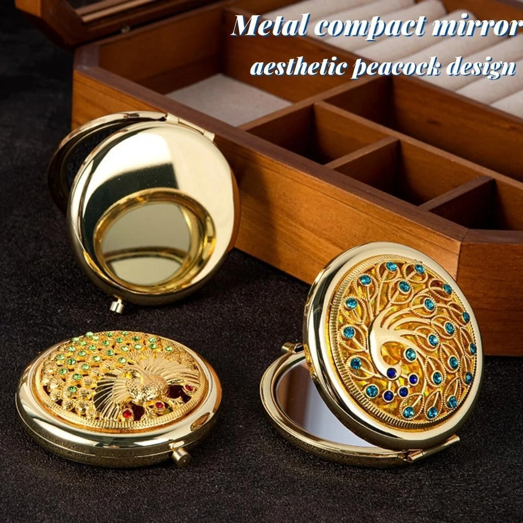 آینه های آرایشی تاشو فلزی گرد حکاکی شده قدیمی - بسته 3 عددی آینه های آرایشی قابل حمل با سنگ های تزئینی: هدایای مسافرتی شیک برای زنان و دختران، آینه های کوچک دستی برای کیف (بسته B)