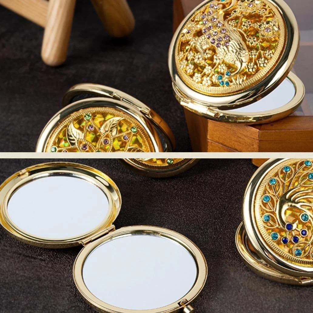 آینه های آرایشی تاشو فلزی گرد حکاکی شده قدیمی - بسته 3 عددی آینه های آرایشی قابل حمل با سنگ های تزئینی: هدایای مسافرتی شیک برای زنان و دختران، آینه های کوچک دستی برای کیف (بسته B)