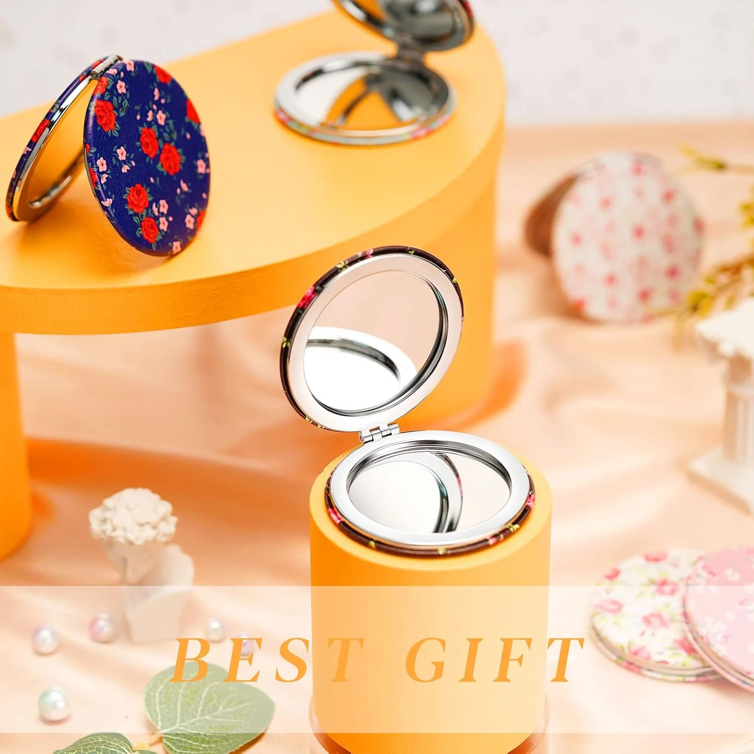 آینه جیبی ویچنپال، 6 عددی، آینه آرایشی مسافرتی چرمی PU، آینه کوچک گل‌دار برای کیف دستی، آینه دستی کوچک، آینه تاشو قابل حمل رترو برای هدیه دخترانه زنانه (رز)