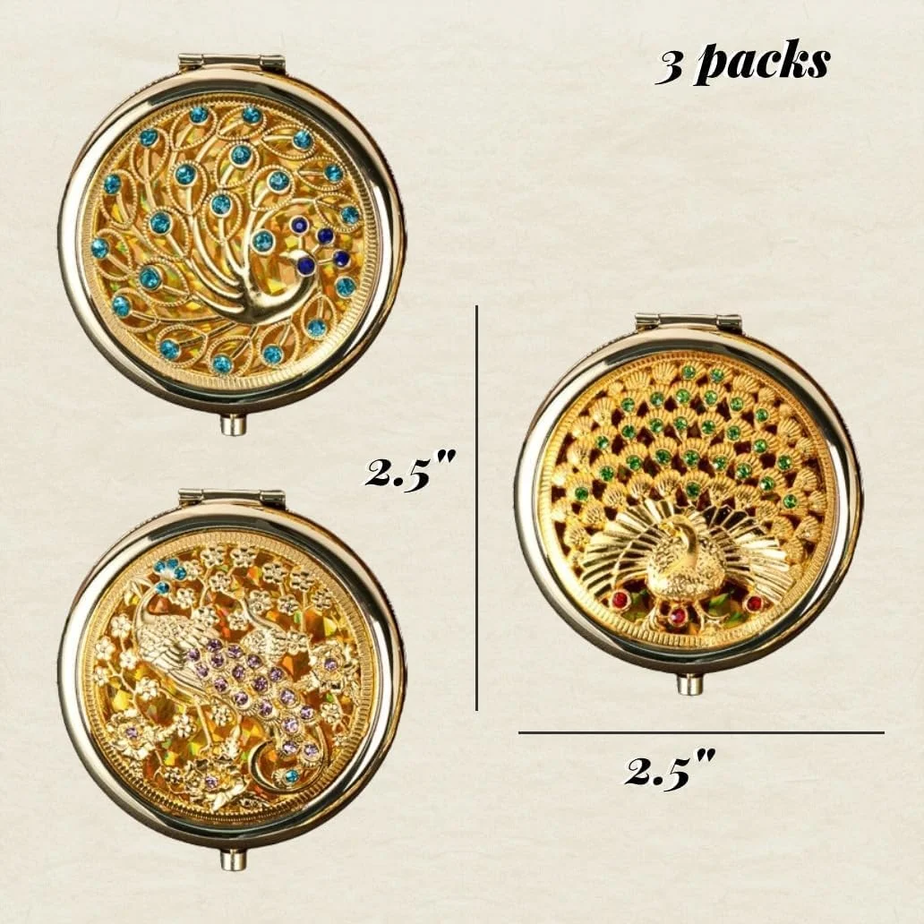 آینه های آرایشی تاشو فلزی گرد حکاکی شده قدیمی - بسته 3 عددی آینه های آرایشی قابل حمل با سنگ های تزئینی: هدایای مسافرتی شیک برای زنان و دختران، آینه های کوچک دستی برای کیف (بسته B)