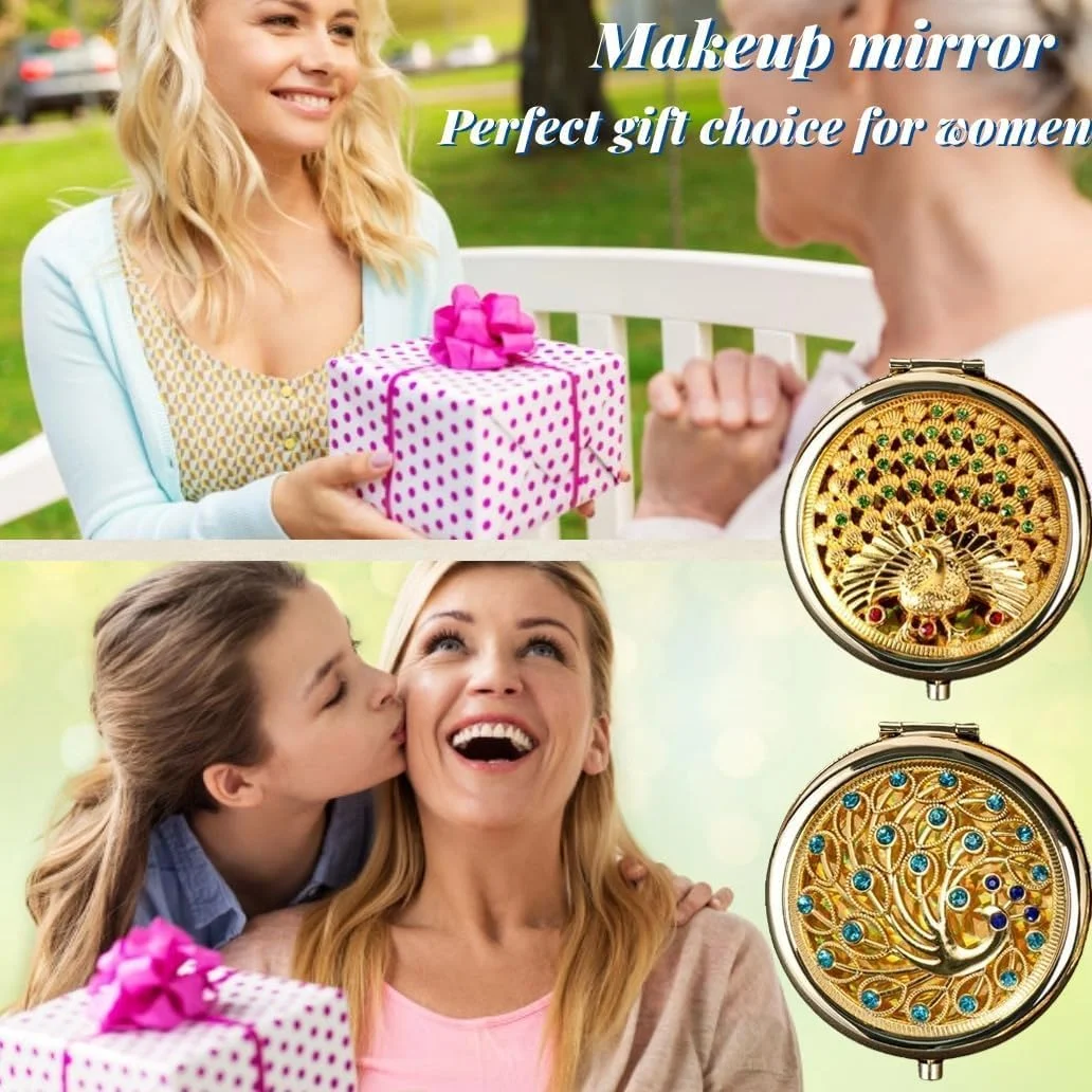 آینه های آرایشی تاشو فلزی گرد حکاکی شده قدیمی - بسته 3 عددی آینه های آرایشی قابل حمل با سنگ های تزئینی: هدایای مسافرتی شیک برای زنان و دختران، آینه های کوچک دستی برای کیف (بسته B)