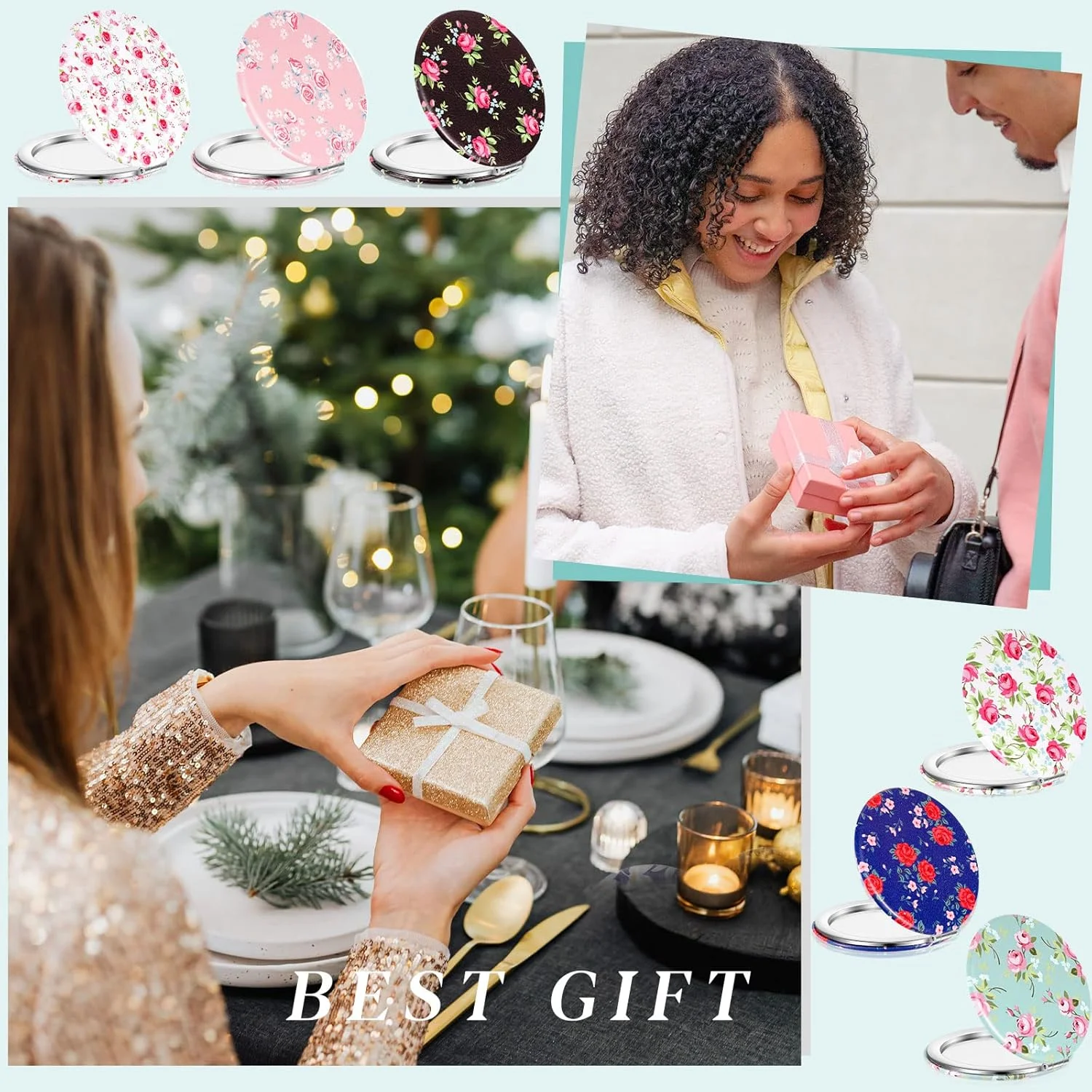 آینه جیبی ویچنپال، 6 عددی، آینه آرایشی مسافرتی چرمی PU، آینه کوچک گل‌دار برای کیف دستی، آینه دستی کوچک، آینه تاشو قابل حمل رترو برای هدیه دخترانه زنانه (رز)