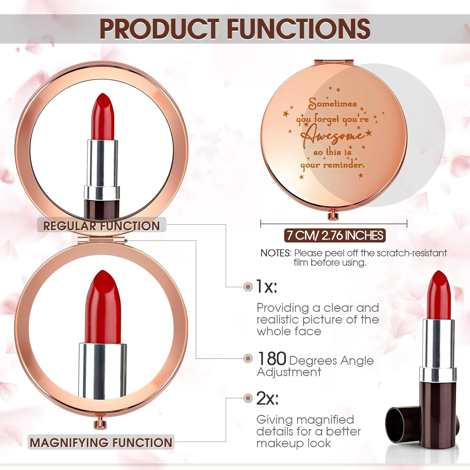 آینه جیبی رووست با طرح الهام بخش، بسته 10 عددی - هدیه ای برای قدردانی از زنان، کارمندان، همکاران و پرسنل خدمات (رزگلد)