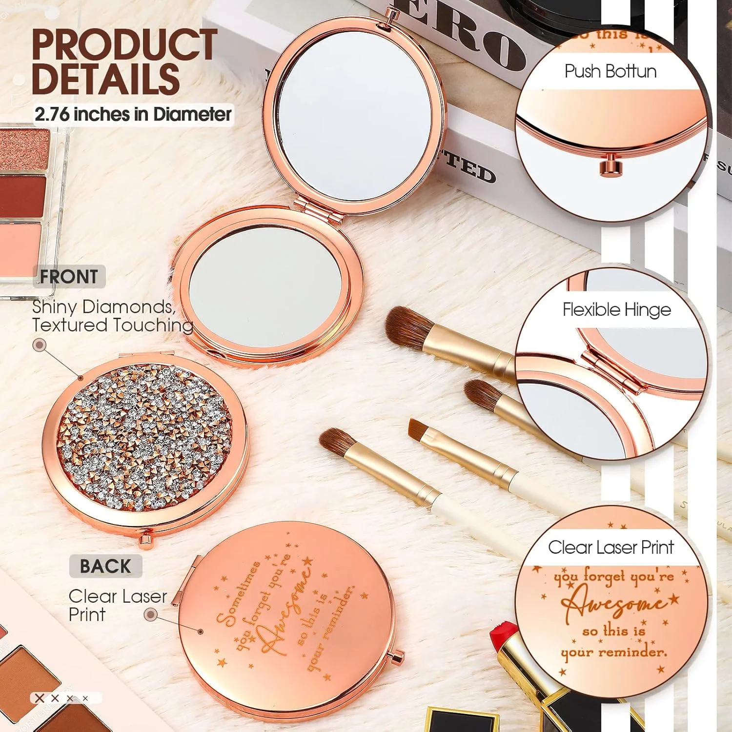 آینه جیبی رووست با طرح الهام بخش، بسته 10 عددی - هدیه ای برای قدردانی از زنان، کارمندان، همکاران و پرسنل خدمات (رزگلد)