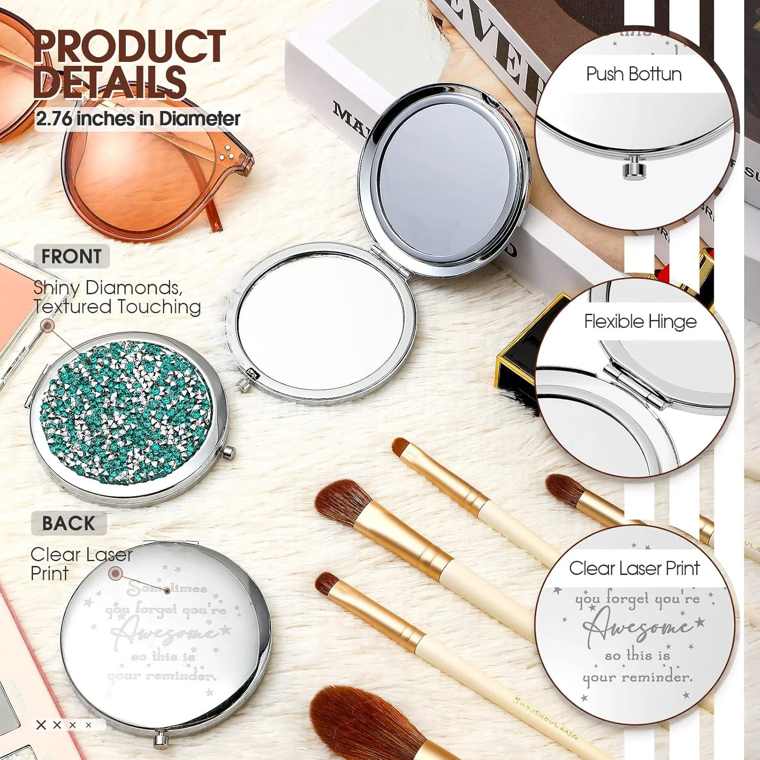 آینه جیبی الهام بخش Roowest، 20 عدد - هدیه ای برای یادآوری اینکه چقدر فوق العاده هستید، مناسب برای قدردانی از زنان، کارمندان، همکاران، پرسنل، هدیه تولد - آینه ذره بینی (سبز)