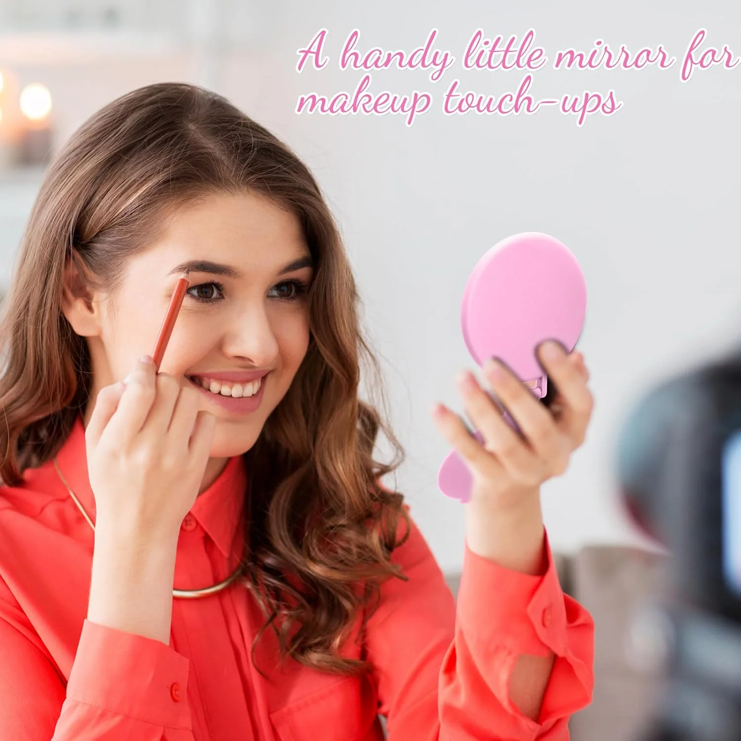 آینه جیبی تاشو سایسوری، 24 عددی، کوچک، گرد، قابل حمل برای آرایش، مناسب سفر، 7.1x6.1 سانتی متر (صورتی)