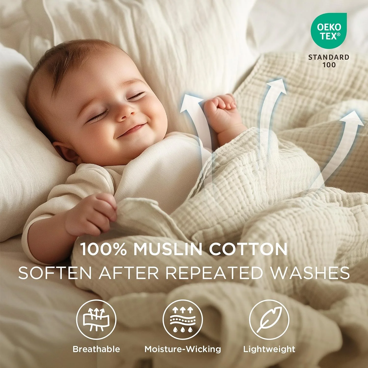 پتوی موسلین کینگ سایز Bedsure 100% پنبه ای برای تخت - پتوی 4 لایه تنفسی و سبک وزن نازک موسلین تابستانی نرم برای بزرگسالان، بژ کتانی، 274x229 سانتی متر