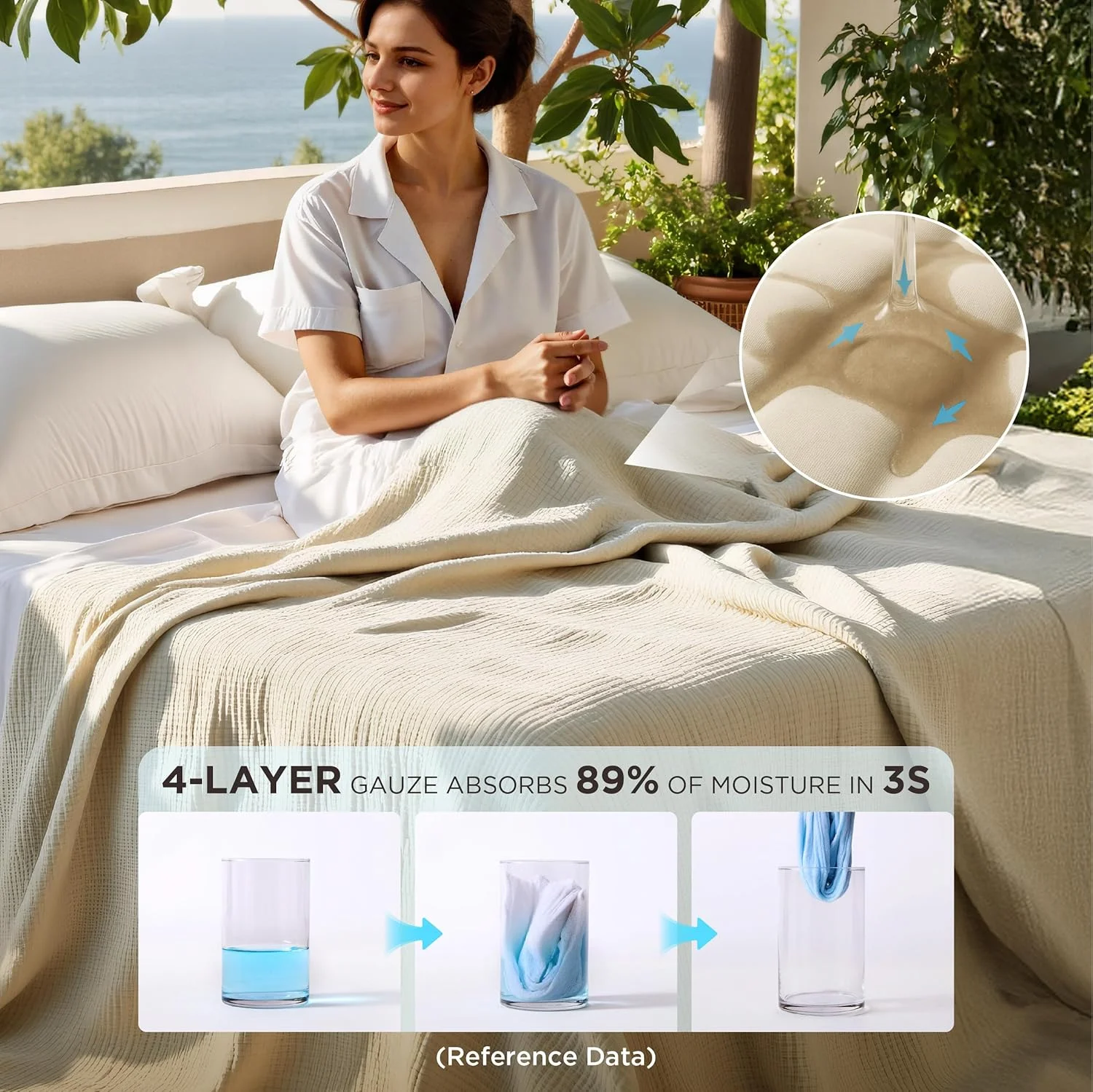 پتوی موسلین کینگ سایز Bedsure 100% پنبه ای برای تخت - پتوی 4 لایه تنفسی و سبک وزن نازک موسلین تابستانی نرم برای بزرگسالان، بژ کتانی، 274x229 سانتی متر