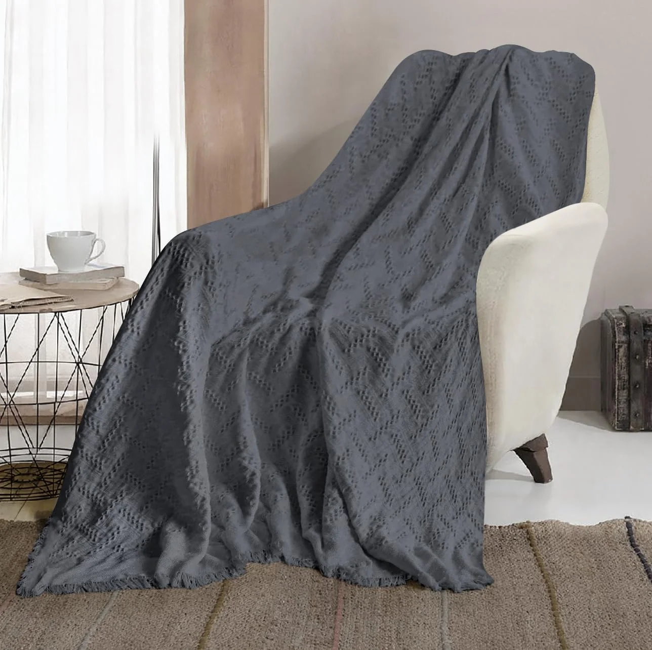 پتو بافتنی AC&L مناسب تخت، مبل، کاناپه، صندلی، پتوی مسافرتی برای تمام فصول - پتوی نرم، سبک و راحت برای پیک نیک، مسافرت، هدیه دکوری منزل (خاکستری)