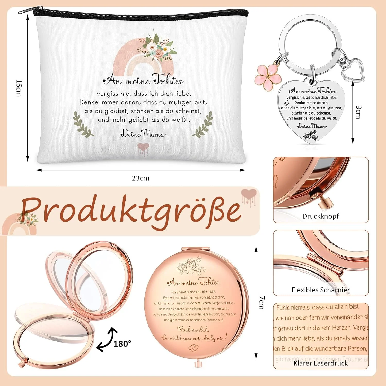 ست هدیه مادر و دختر Xuniea شامل 1 کیف آرایشی شخصی‌سازی‌شده، 1 آینه آرایشی قابل حمل، 1 جاکلیدی، هدیه تولد 18 سالگی برای دختر