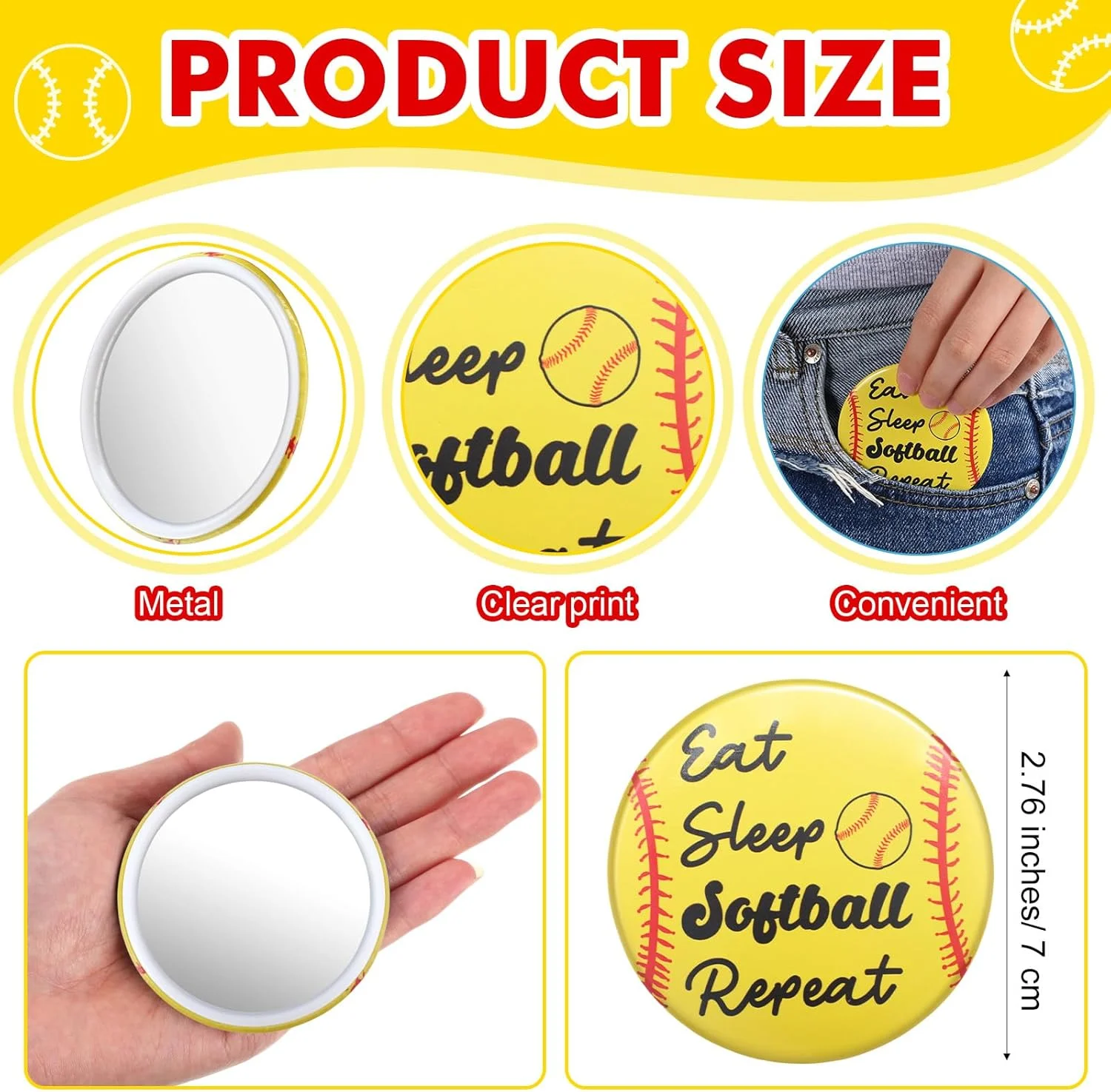 یوکیر 18 عدد آینه جیبی سافت بال، آینه آرایشی گرد، 7 سانتی متر، قابل حمل، مناسب کیف دستی، ایده هدیه برای تیم سافت بال، لوازم جانبی بازیکن دختر