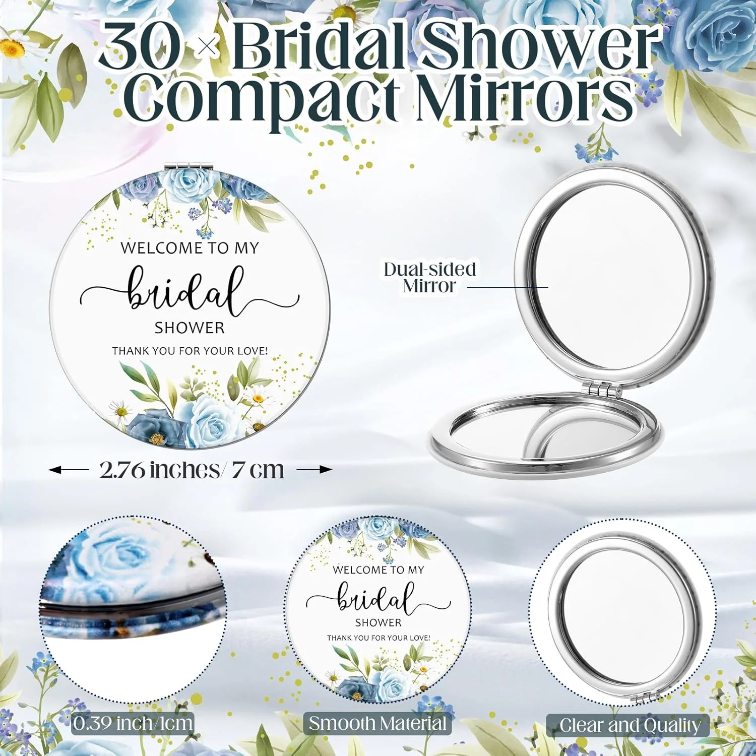 30 ست هدیه یادبود جشن عروسی XunYee برای مهمانان، آینه آرایشی با طرح گل، آینه جیبی چرمی، کارت تشکر عروس با کیسه های توری، هدیه ساقدوش عروس، لوازم جشن عروسی (آبی)