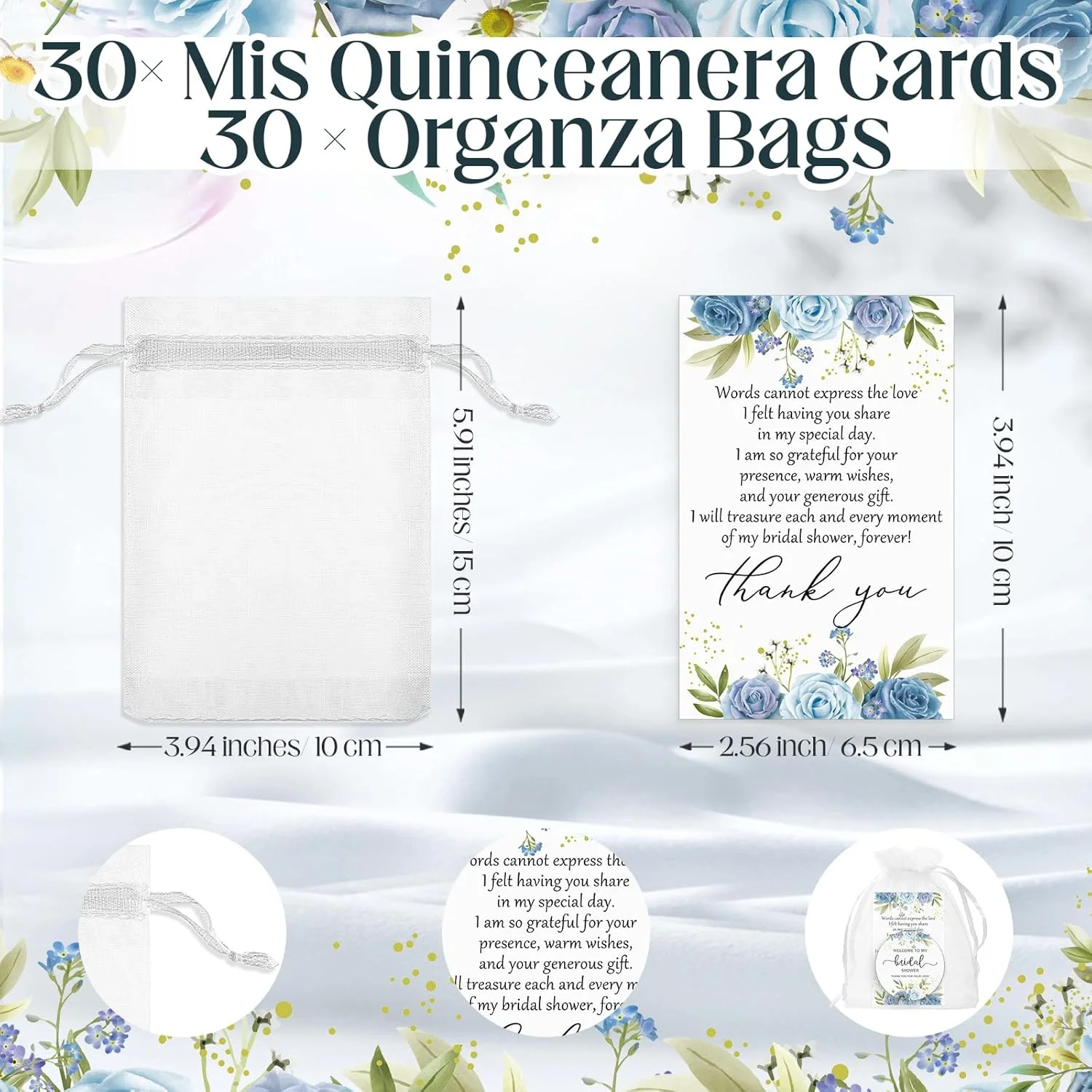 30 ست هدیه یادبود جشن عروسی XunYee برای مهمانان، آینه آرایشی با طرح گل، آینه جیبی چرمی، کارت تشکر عروس با کیسه های توری، هدیه ساقدوش عروس، لوازم جشن عروسی (آبی)