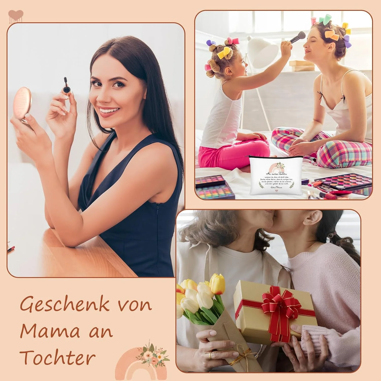 ست هدیه مادر و دختر Xuniea شامل 1 کیف آرایشی شخصی‌سازی‌شده، 1 آینه آرایشی قابل حمل، 1 جاکلیدی، هدیه تولد 18 سالگی برای دختر