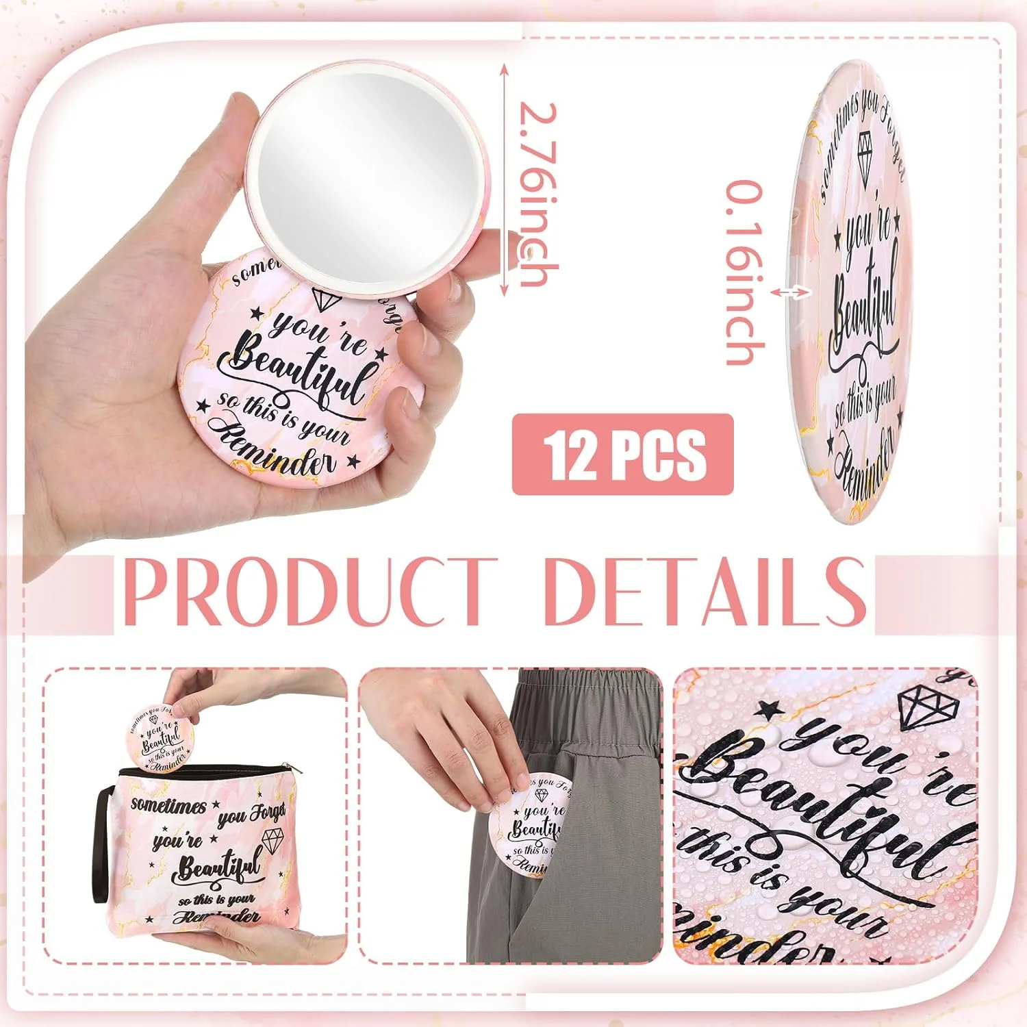 ژونیه 24 عددی هدیه های الهام بخش برای زنان، 12 عدد کیف آرایشی بوم انگیزه بخش، 12 عدد آینه جیبی گرد قابل حمل با نوشته "تو زیبا هستی"، هدیه های قدردانی عالی برای همکار، هفته CNA، رزگلد